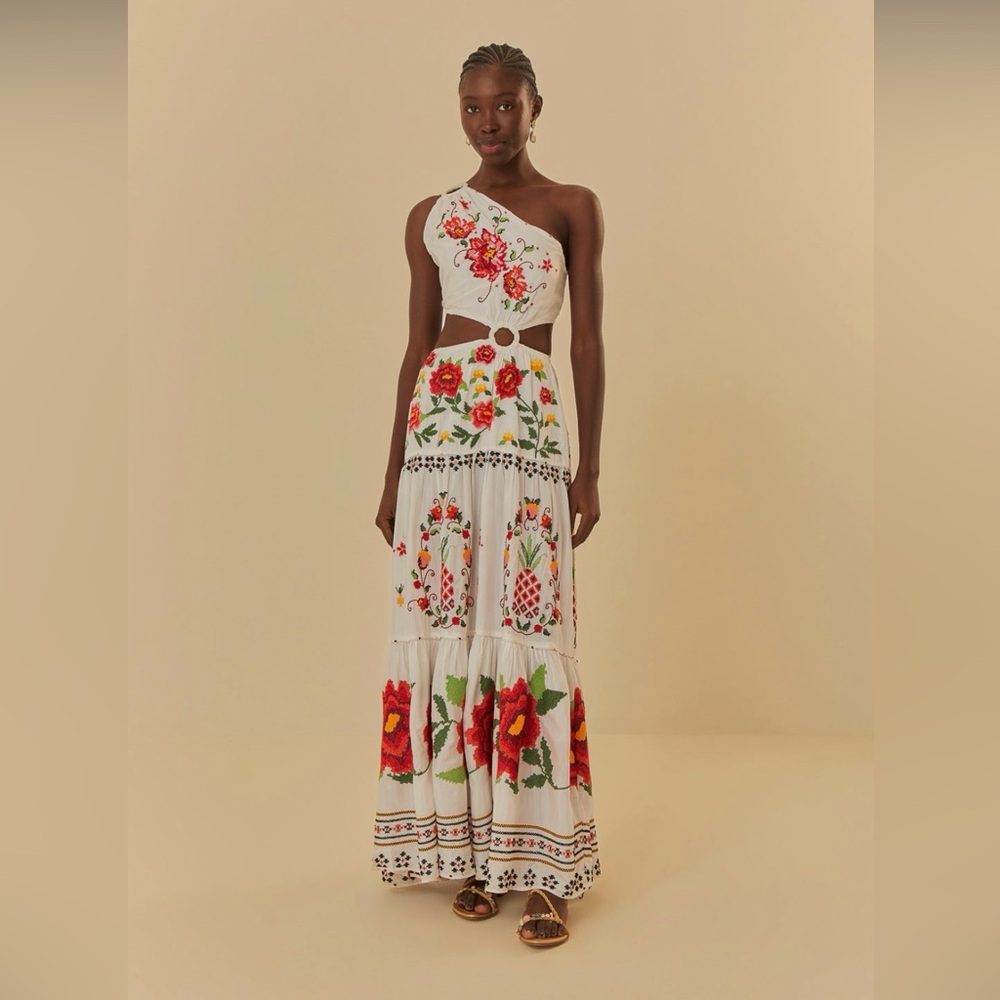 FARM Rio White Maxi Dress with Red and Green Floral Design